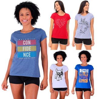 Kit 5 Camisa Babylook MXD Conceito Casual Fitness Cores Básicas e Estampas Diversas
