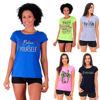 Kit 5 Camisa Babylook MXD Conceito Casual Fitness Cores Básicas e Estampas Diversas