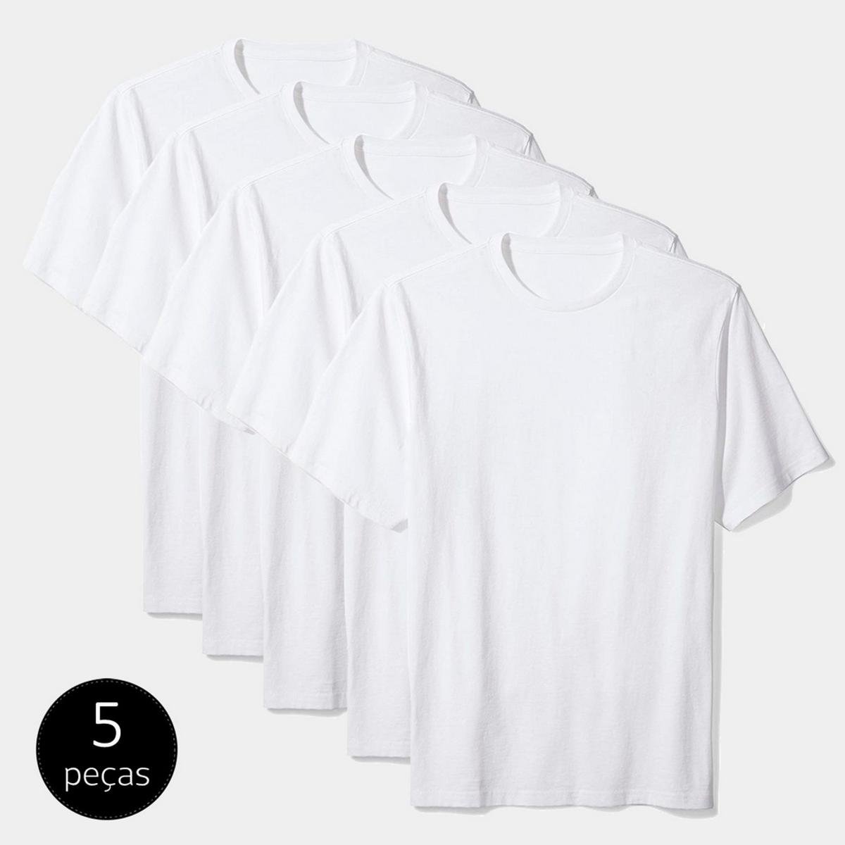 Kit 5 Camisetas Básica Masculina - Branco Menor preço em Kit 5 Camisetas Básica Masculina - Branco