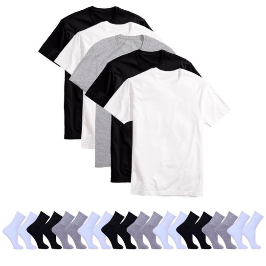 Kit 5 Camisetas Básicas Masculina T-Shirt Algodão + 10 Pares De Meias - Preto+Branco