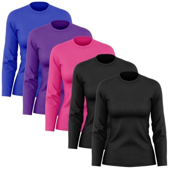 Kit 5 Camisetas Feminina Manga Longa Dry Proteção Solar UV Segunda Pele Treino