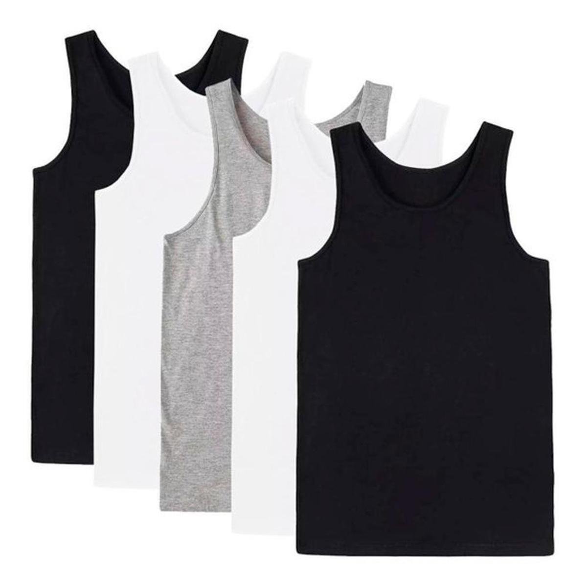 Kit 5 Camisetas Regata Masculina Lisa Algodão Premium - Preto+Branco Menor preço em Kit 5 Camisetas Regata Masculina Lisa Algodão Premium - Preto+Branco