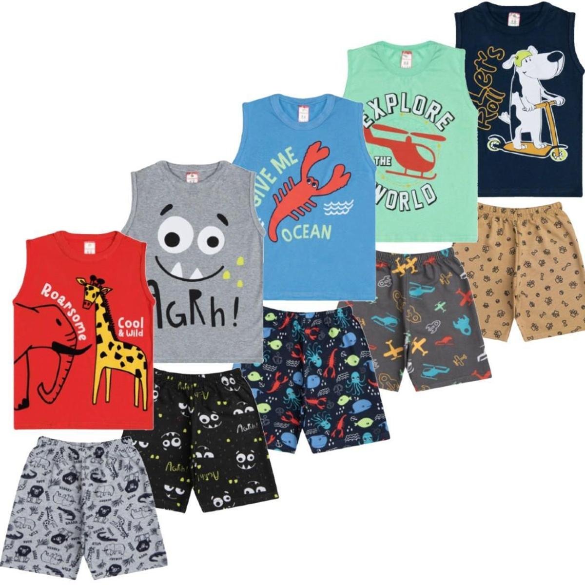 Kit 5 Conjunto Infantil Verão Regata+Bermuda Estampada Menino - Marinho Menor preço em Kit 5 Conjunto Infantil Verão Regata+Bermuda Estampada Menino - Marinho
