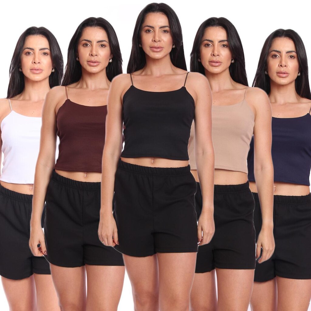 Kit 5 Cropped Alcinha Feminino Canelado Ribana Sem Bojo Básico Casual