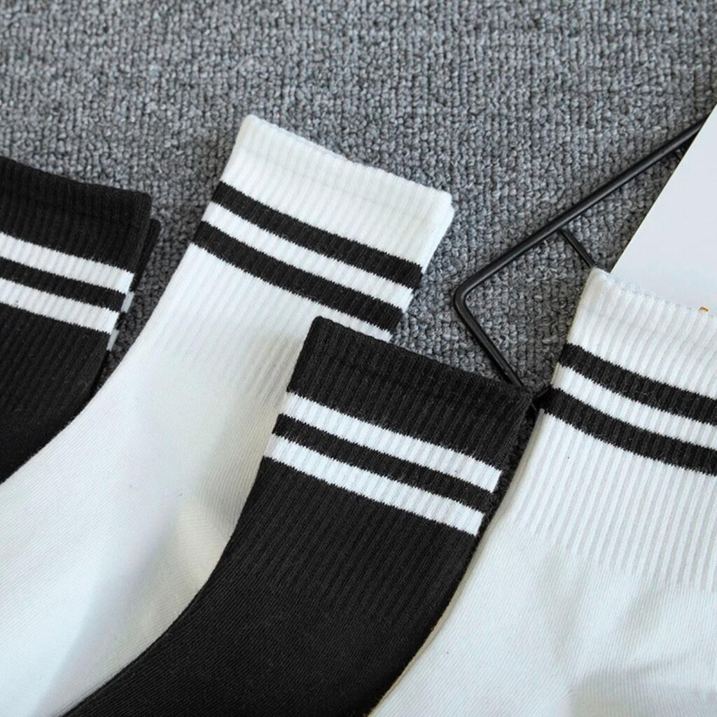 Kit 5 Pares Meias Listradas Cano Médio Algodão Academia Cross Skate Caminhada Rua hip hop 2 Listras
