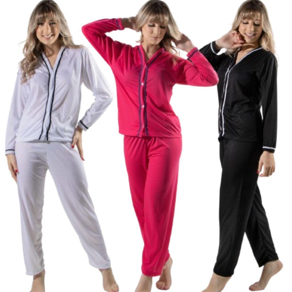KIT 5 Pijama Blogueira Longo Bella Fiore Botões Roupa Para Dormir Inverno Linha Noite