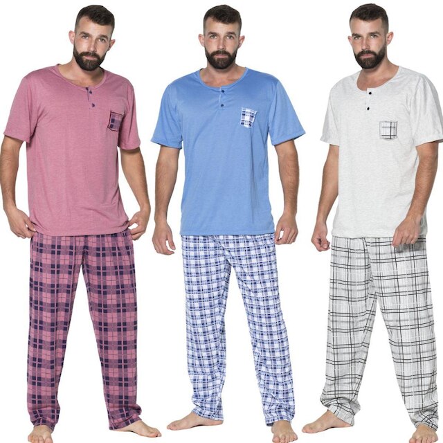 KIT 5 Pijama Masculino Com Bolso Bella Fiore Manga Curta Calça Longa Estampada Linha Noite