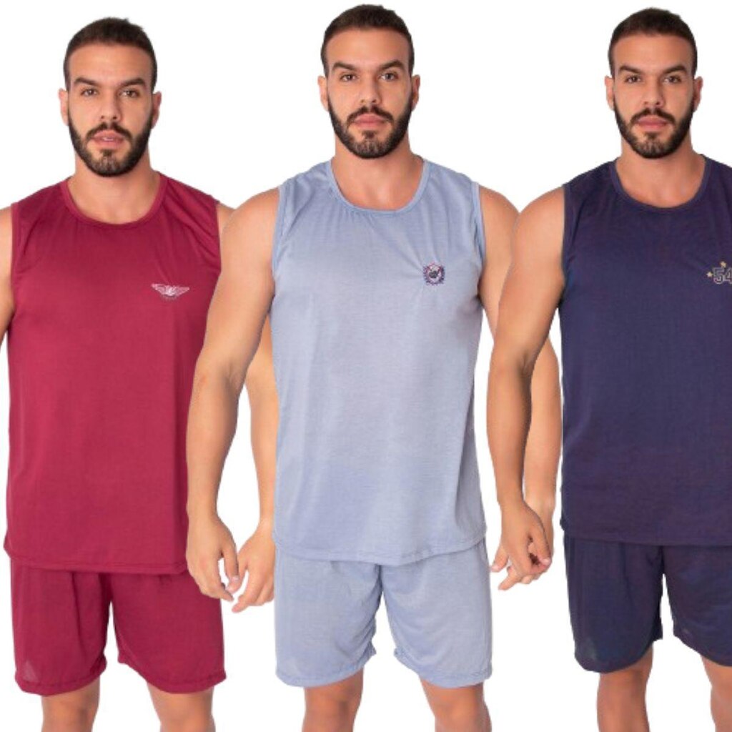 KIT 5 Pijama Masculino Regata Bella Fiore Malha Lisa Verão Roupa Para Domir Linha Noite