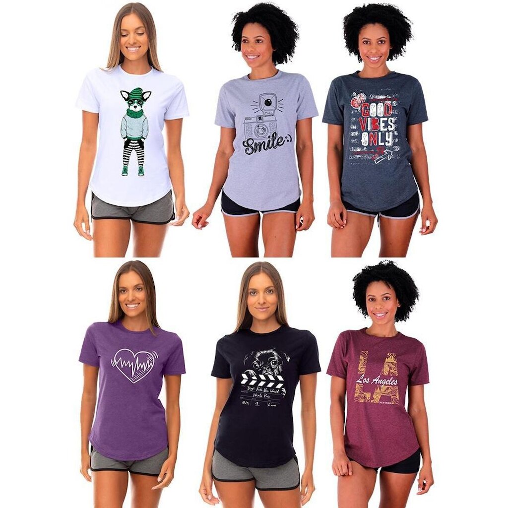 Kit 6 Camisetas Longline Feminina MXD Conceito Slim Diversas Estampas