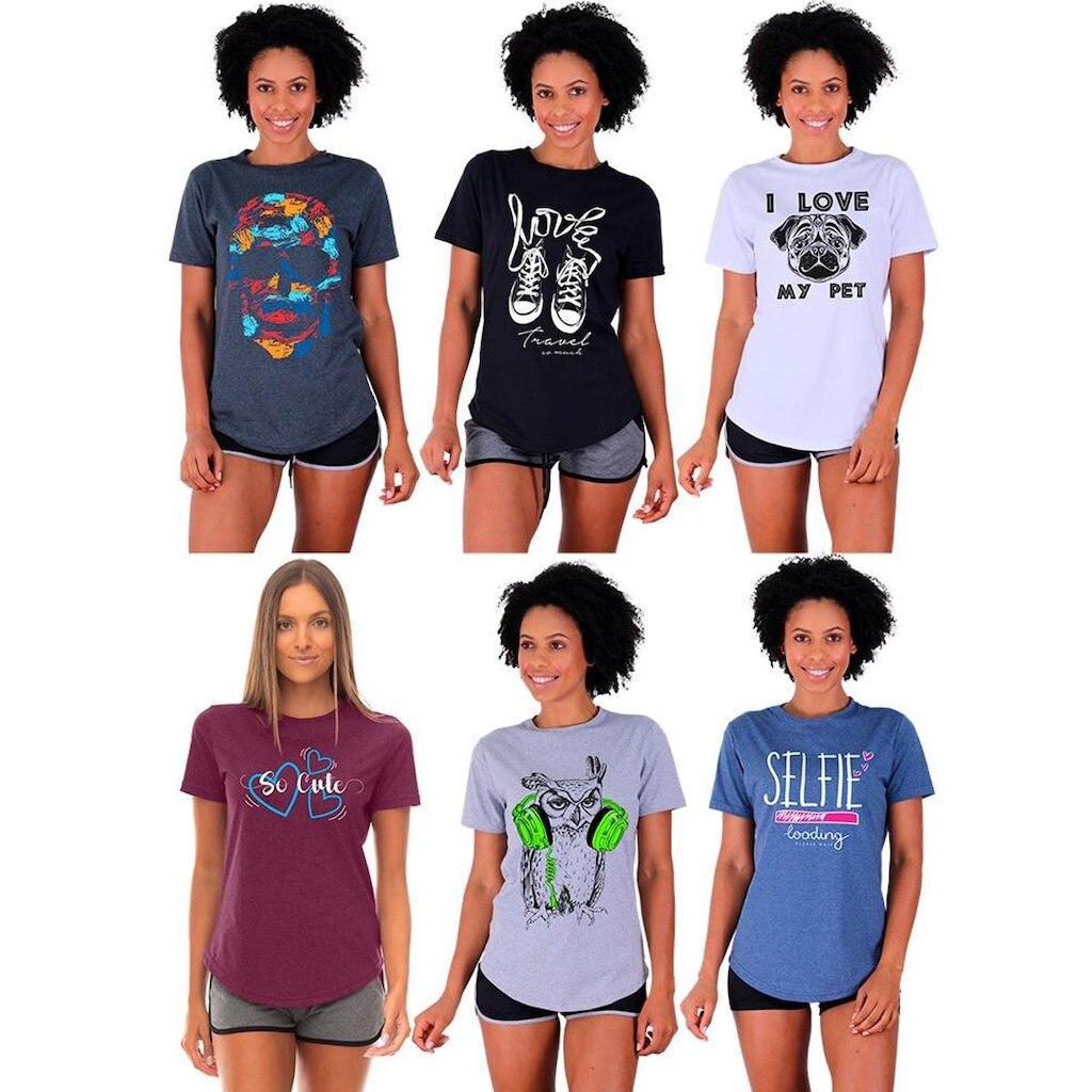 Kit 6 Camisetas Longline Feminina MXD Conceito Slim Diversas Estampas