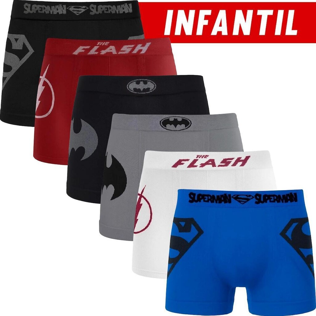 Kit 6 Cuecas Poliéster Infantil Menino Heróis Liga da Justiça Superman Batman Flash Dia das Criança