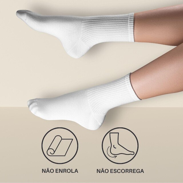 Kit 6 Pares Meia Branca Cano Alto Lisa Feminina