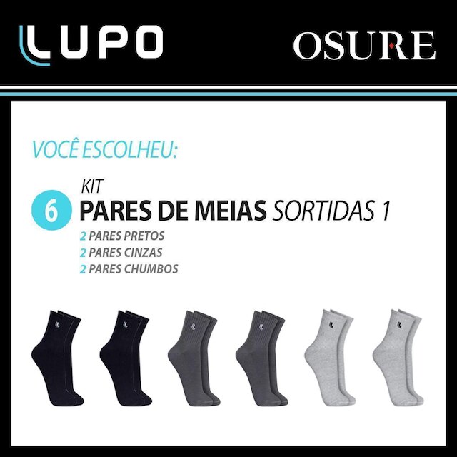 Kit 6 Pares Meias Lupo Masculina Algodão Meia Cano Médio Atacado Academia Esportiva