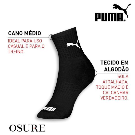 Kit 6 Pares Meias Puma Cano Médio Algodão Meia Atoalhada Adulto Masculino Feminino Original