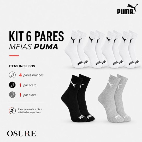 Kit 6 Pares Meias Puma Cano Médio Algodão Meia Atoalhada Adulto Masculino Feminino Original