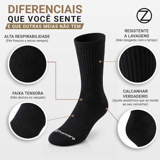 Kit 6 Pares Meias Zhamaro Cano Alto Longo Algodão Atoalhada Masculina Feminina Esportiva Confortável