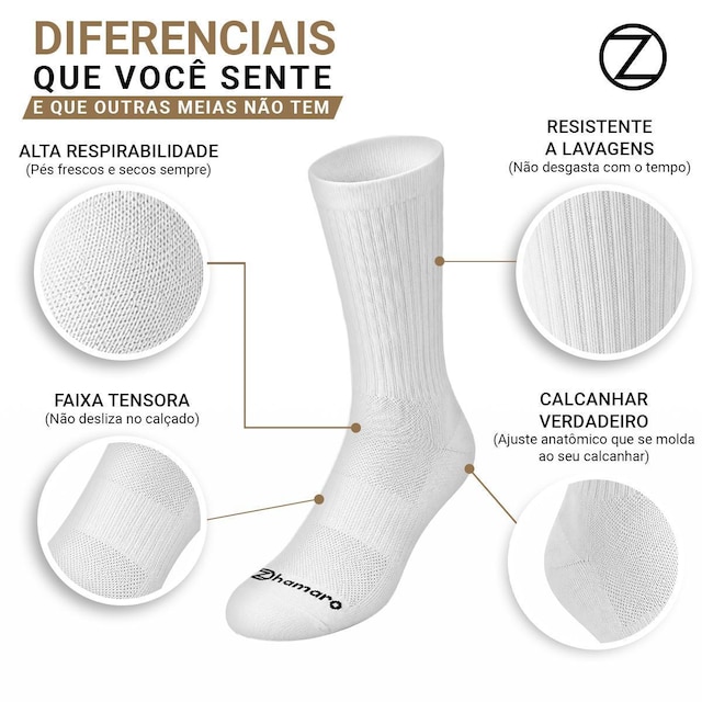 Kit 6 Pares Meias Zhamaro Cano Alto Longo Algodão Atoalhada Masculina Feminina Esportiva Confortável