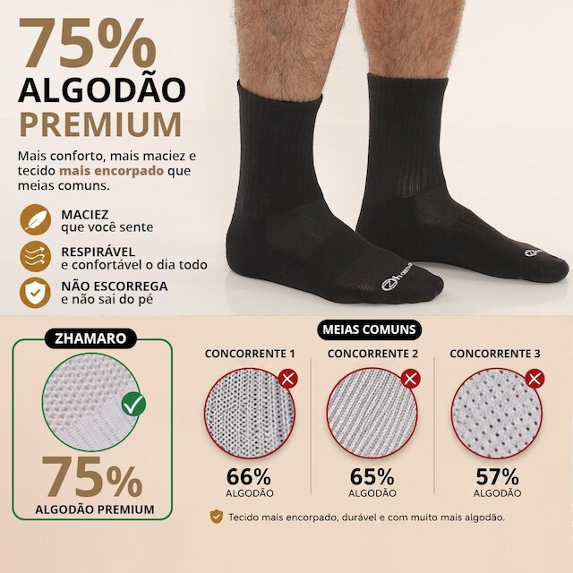 Kit 6 Pares Meias Zhamaro Cano Alto Longo Algodão Atoalhada Masculina Feminina Esportiva Confortável