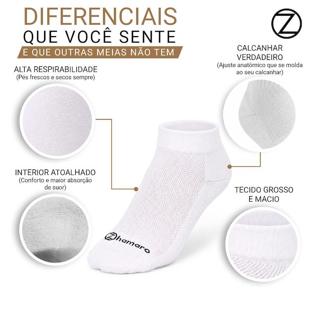 Kit 6 Pares Meias Zhamaro Cano Curto Soquete Baixo Algodão Atoalhada Masculina Feminina Confortável