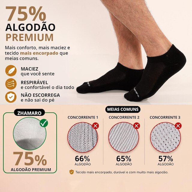 Kit 6 Pares Meias Zhamaro Cano Curto Soquete Baixo Algodão Atoalhada Masculina Feminina Confortável