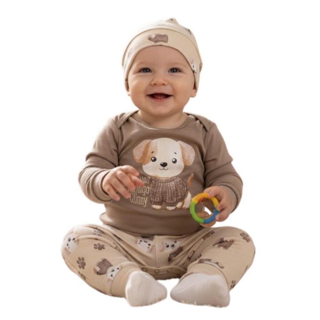 KIT BEBÊ 3 PEÇAS BODY CALÇA SARUEL CACHORRINHO BOCA GRANDE