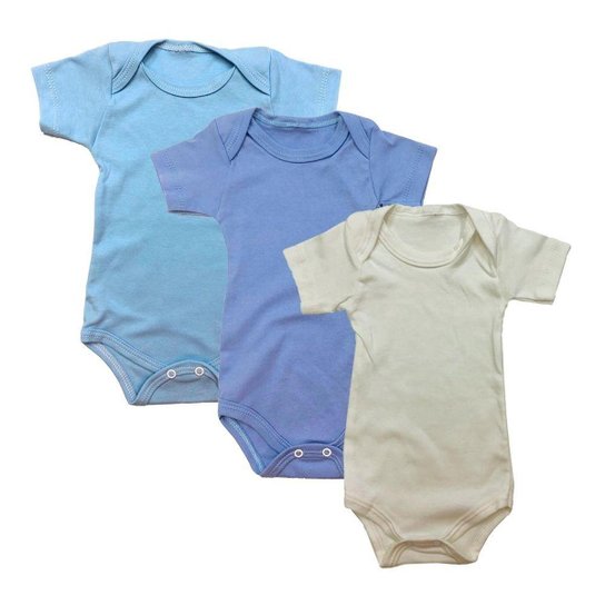 Kit Bebê Body Manga Curta DCP KIDS Liso Masculino 3 Peças - Azul+Branco