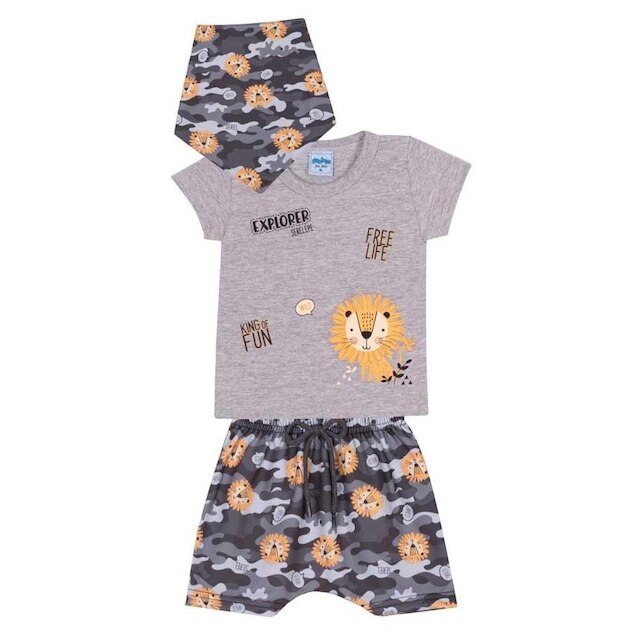 Kit Bebê Menino Camiseta Bermuda E Bandana Serelepe 3 Peças