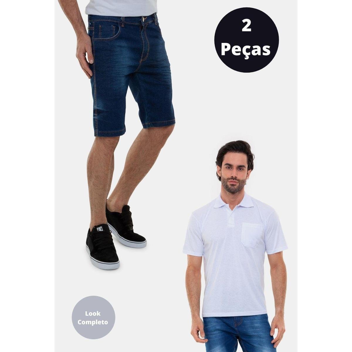 Kit Bermuda Jeans Premium Masculina e Camisa Polo Versatti Bahamas - Azul Menor preço em Kit Bermuda Jeans Premium Masculina e Camisa Polo Versatti Bahamas - Azul