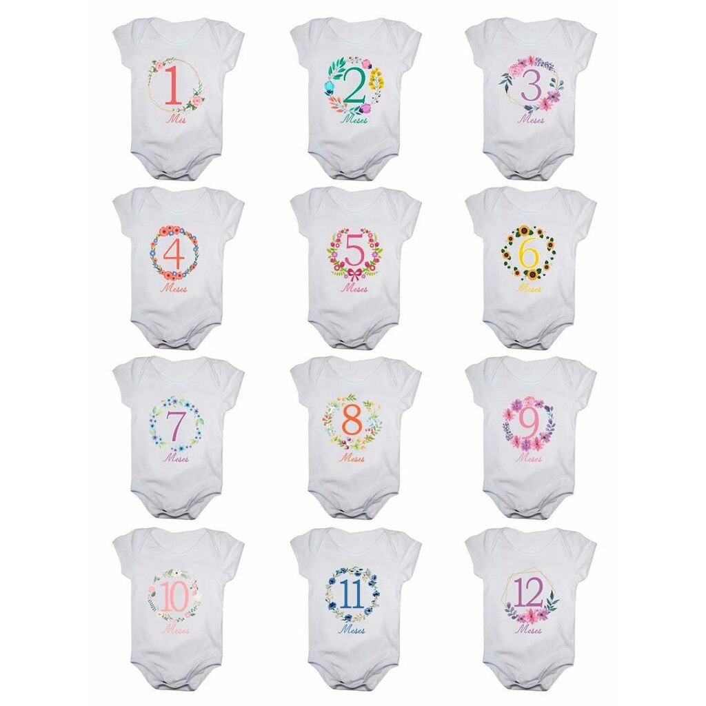Kit body bebê mesversario manga curta flores 12 bodies 1 a 12 meses