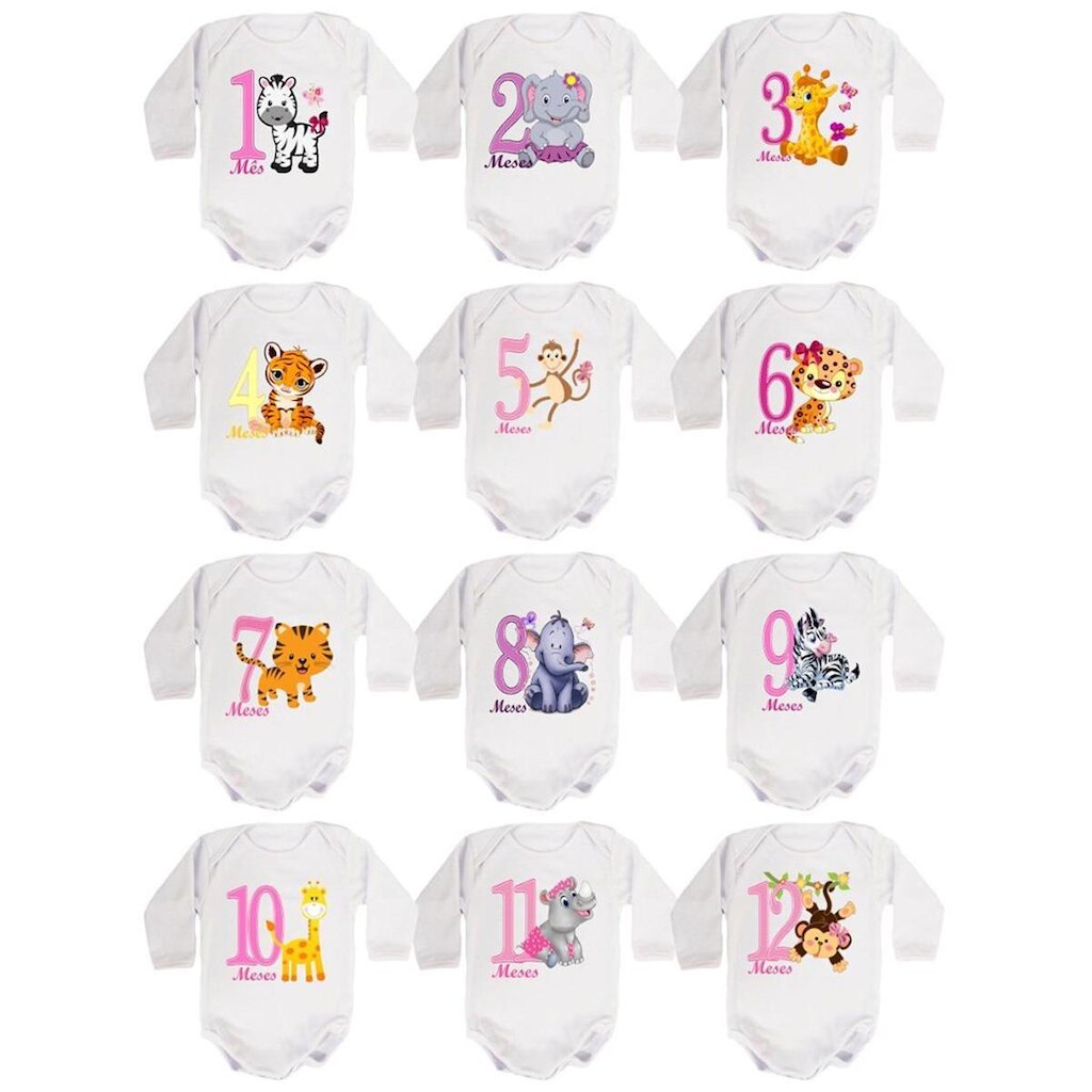 kit Body Bebê Mesversario Manga Longa Safari Bichinhos