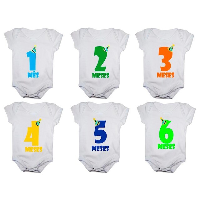 Kit body mesversario manga curta números chapéu 12 bodies de bebê 1 a 12 meses