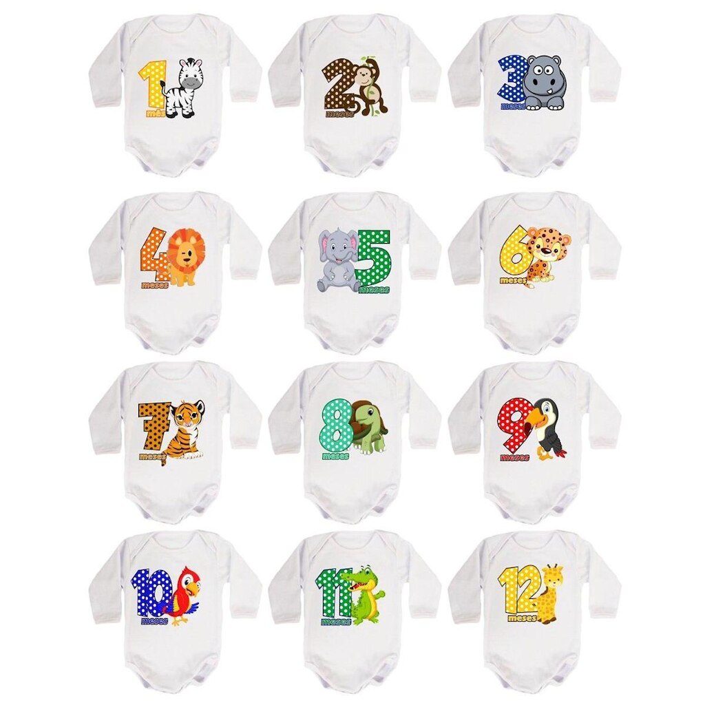 Kit Body Mesversario Manga Longa Safari 12 Bodies de Bebê