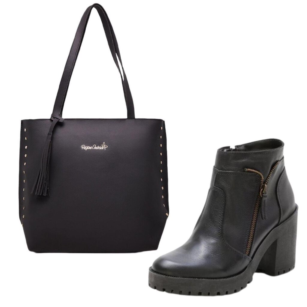 Kit Bolsa Sacola Grande Feminina com Bota Coturno Feminino Cano Médio Salto
