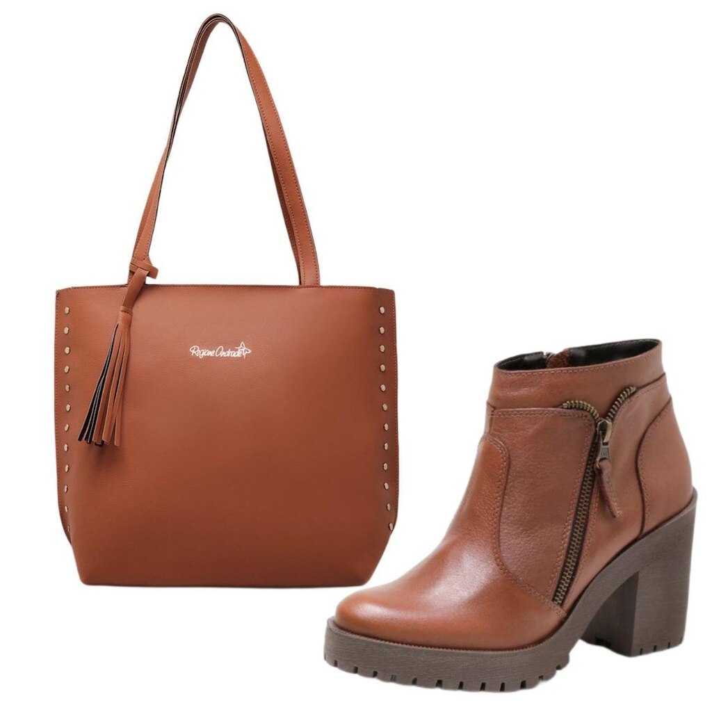 Kit Bolsa Sacola Grande Feminina com Bota Coturno Feminino Cano Médio Salto