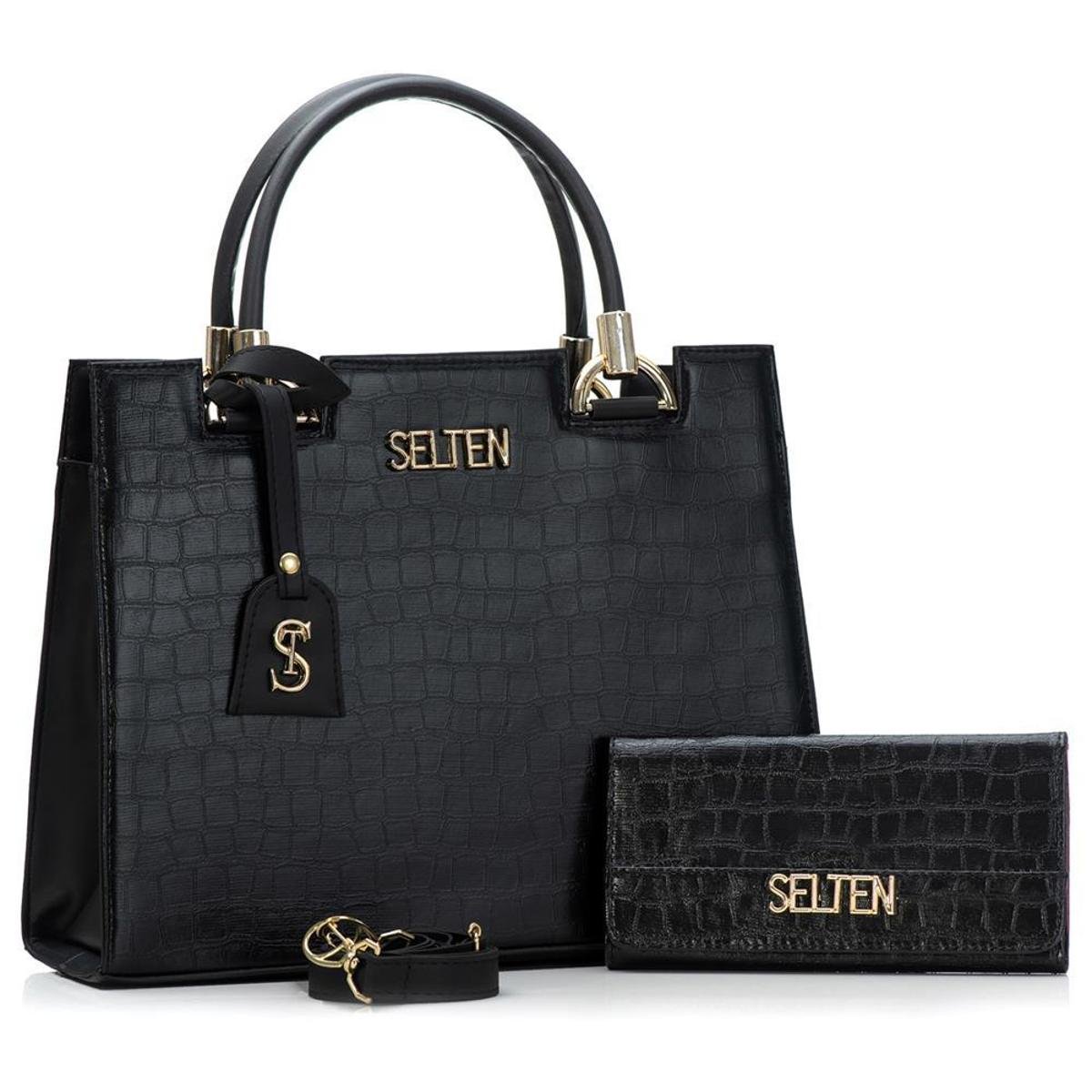 Kit Bolsa Selten Handbag Textura Croco Alça Removível e Carteira Feminina - Preto Menor preço em Kit Bolsa Selten Handbag Textura Croco Alça Removível e Carteira Feminina - Preto