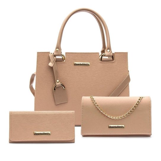 Kit Bolsa Tote Feminina + Clutch Transversal + Carteira - Nude