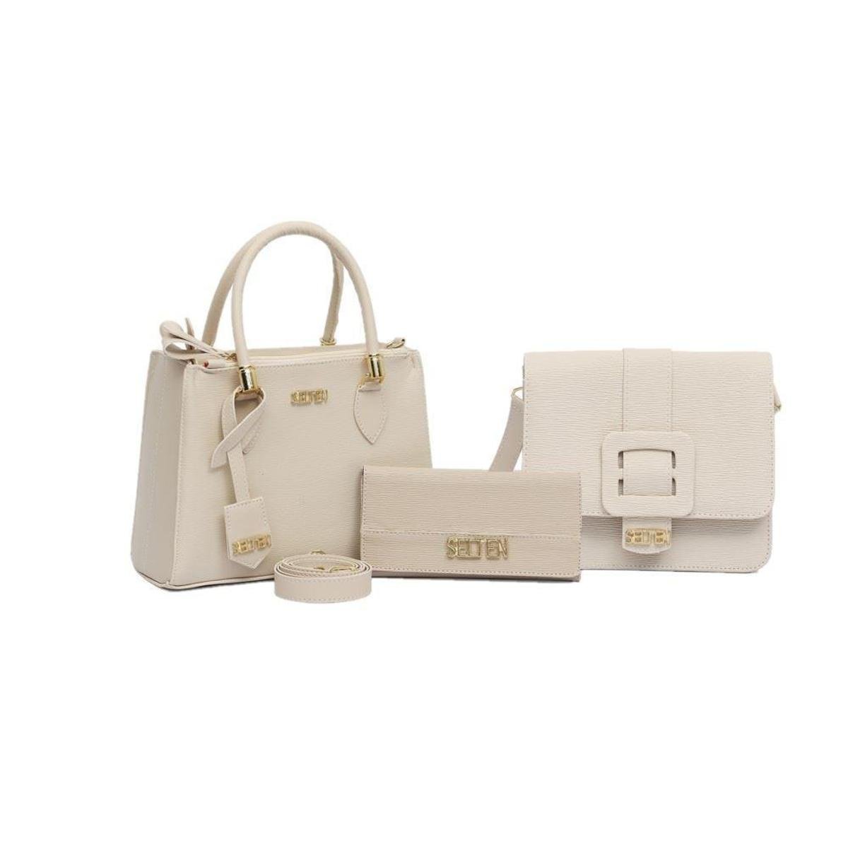 Kit Bolsa Tote Grécia + Bolsa Transversal + Carteira Casual - Creme Menor preço em Kit Bolsa Tote Grécia + Bolsa Transversal + Carteira Casual - Creme