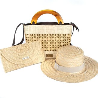 Kit Bolsa Transversal Chapéu Carteira Palha Feminina Casual