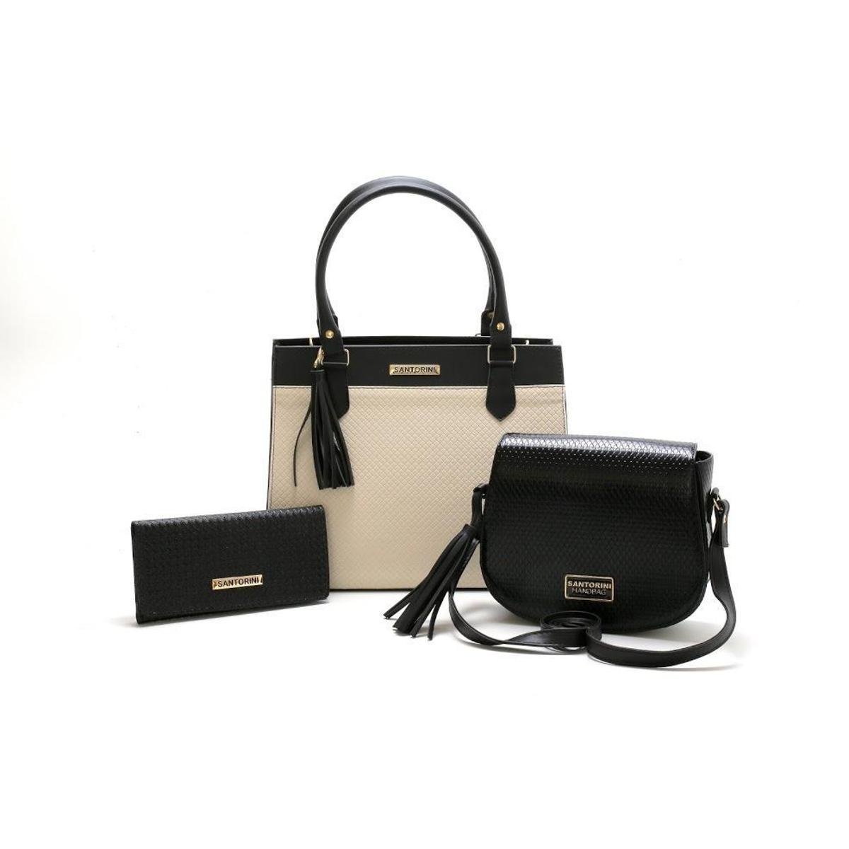 Kit Bolsas Feminina Bicolor Com Carteira Santorini Handbag Tricê Preto/Creme - Preto Menor preço em Kit Bolsas Feminina Bicolor Com Carteira Santorini Handbag Tricê Preto/Creme - Preto
