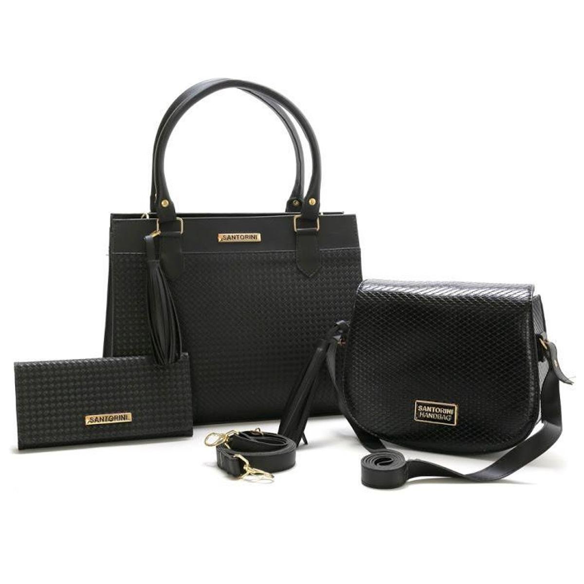 Kit Bolsas Feminina Com Carteira Santorini Handbag Tricê Preto - Preto Menor preço em Kit Bolsas Feminina Com Carteira Santorini Handbag Tricê Preto - Preto