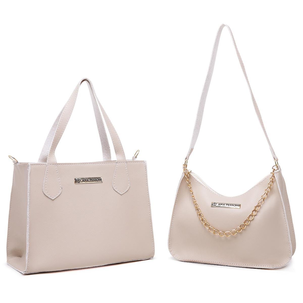 Kit Bolsas Feminina Media Com Alça Transversal e Bolsa de Ombro Detalhe em Corrente - Bege Menor preço em Kit Bolsas Feminina Media Com Alça Transversal e Bolsa de Ombro Detalhe em Corrente - Bege
