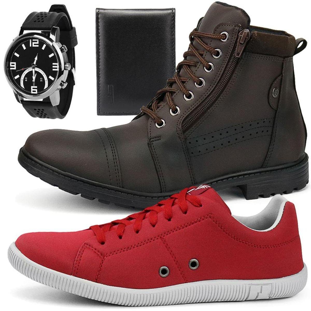 Kit Bota Casual e Sapatênis SapatoFran + Relógio e Carteira Masculino - Marrom e Vermelho Menor preço em Kit Bota Casual e Sapatênis SapatoFran + Relógio e Carteira Masculino - Marrom e Vermelho