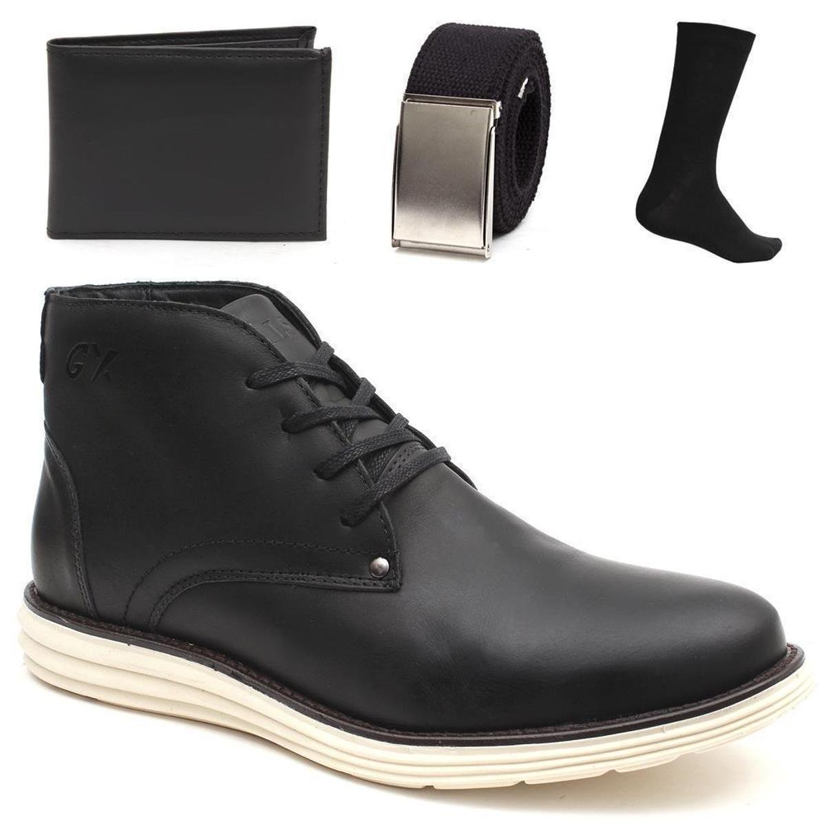 Kit Bota Casual Masculina Couro + Carteira + Cinto + Meia - Preto Menor preço em Kit Bota Casual Masculina Couro + Carteira + Cinto + Meia - Preto
