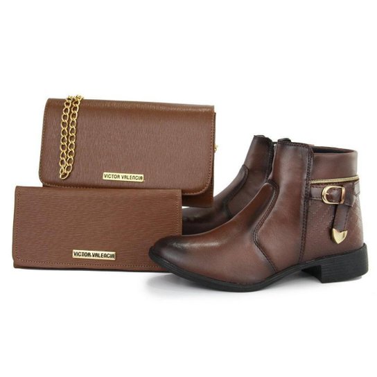 Kit Bota Com Detalhe Em Fivela Mais Corrente Carteira Victor Valencia - Feminino - Marrom