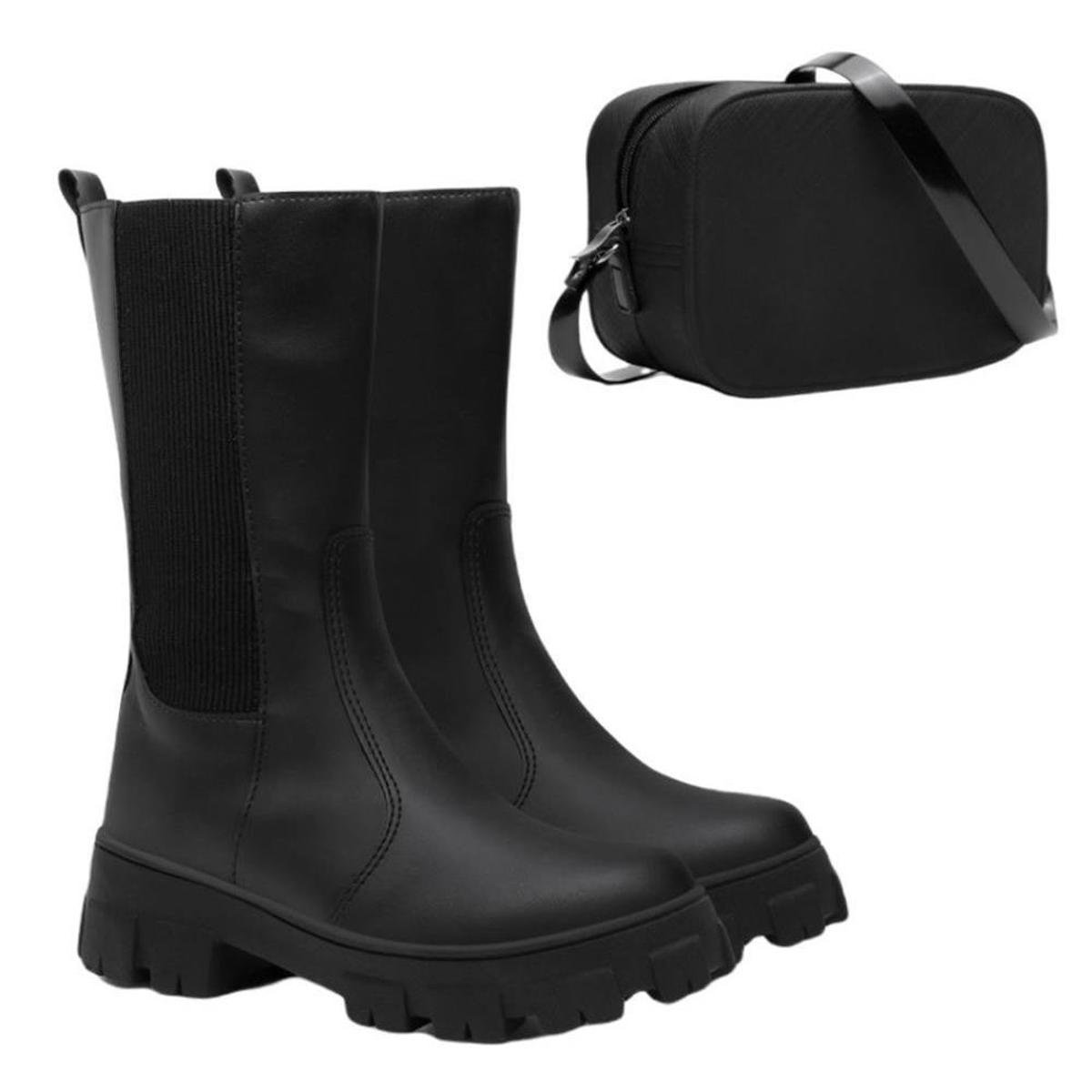 Kit Bota Coturno Feminina Chelsea Tratorada + Bolsa Bag Alça Fixa Casual - Preto Menor preço em Kit Bota Coturno Feminina Chelsea Tratorada + Bolsa Bag Alça Fixa Casual - Preto