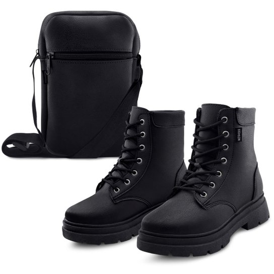 Kit Bota Coturno Feminina Tratorada Com Bolsa Preta MzKid