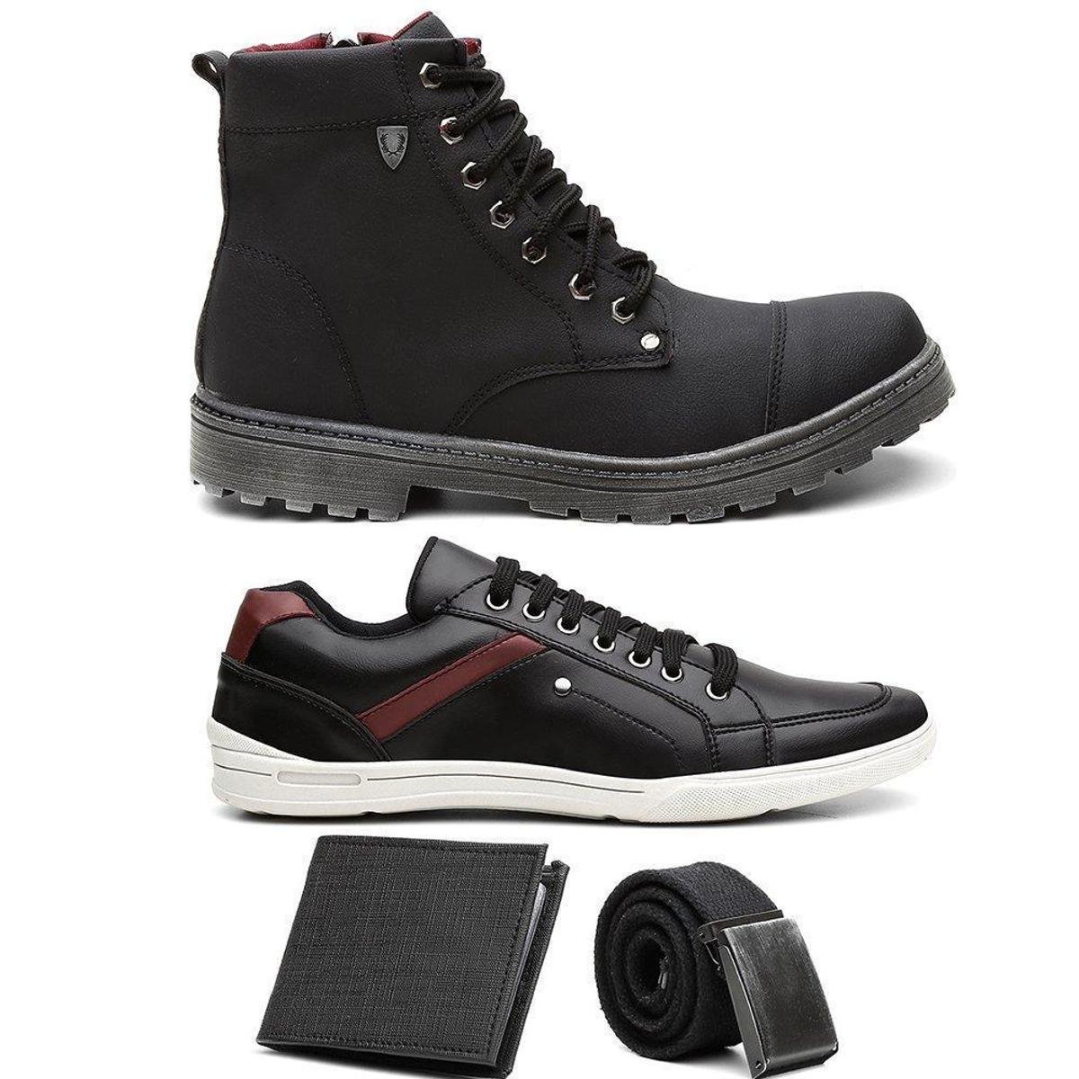 Kit Bota Coturno + Sapatênis Lorenzzo Lopez + Cinto + Carteira Masculino - Preto Menor preço em Kit Bota Coturno + Sapatênis Lorenzzo Lopez + Cinto + Carteira Masculino - Preto