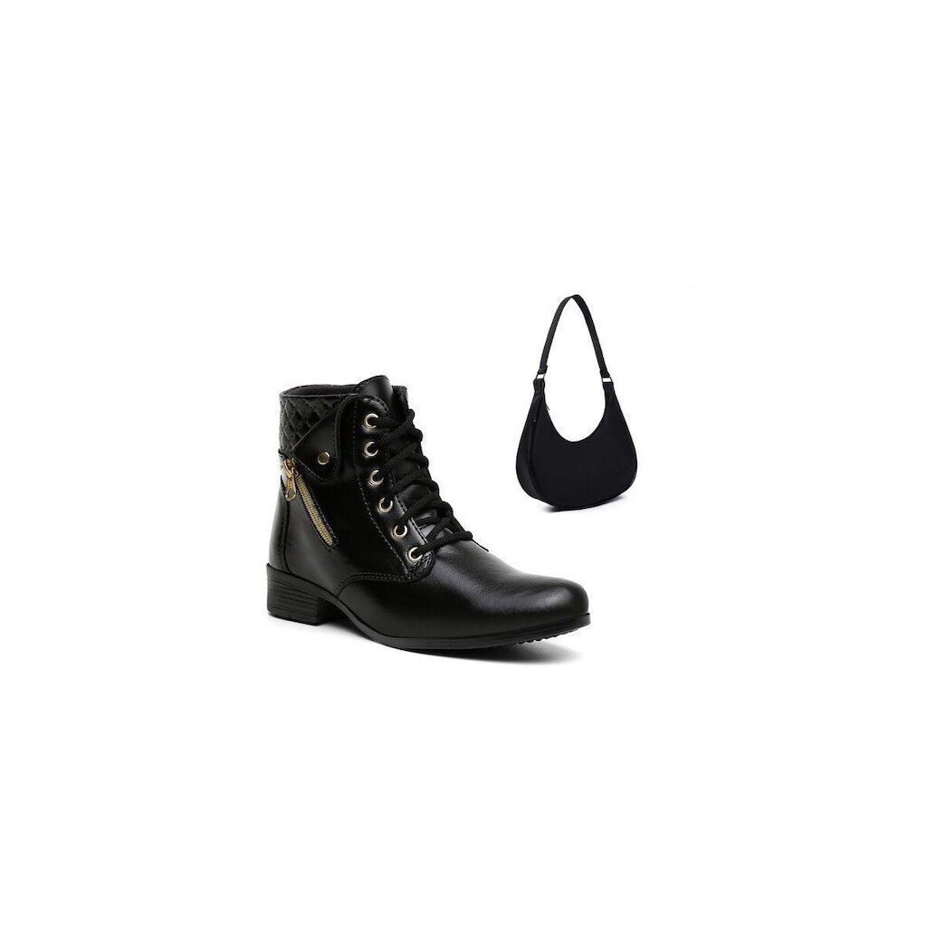 Kit Bota Feminina Cano Curto Salto Grosso Inverno E Bolsa Feminina Meia Lua Elegante Delicada Moda