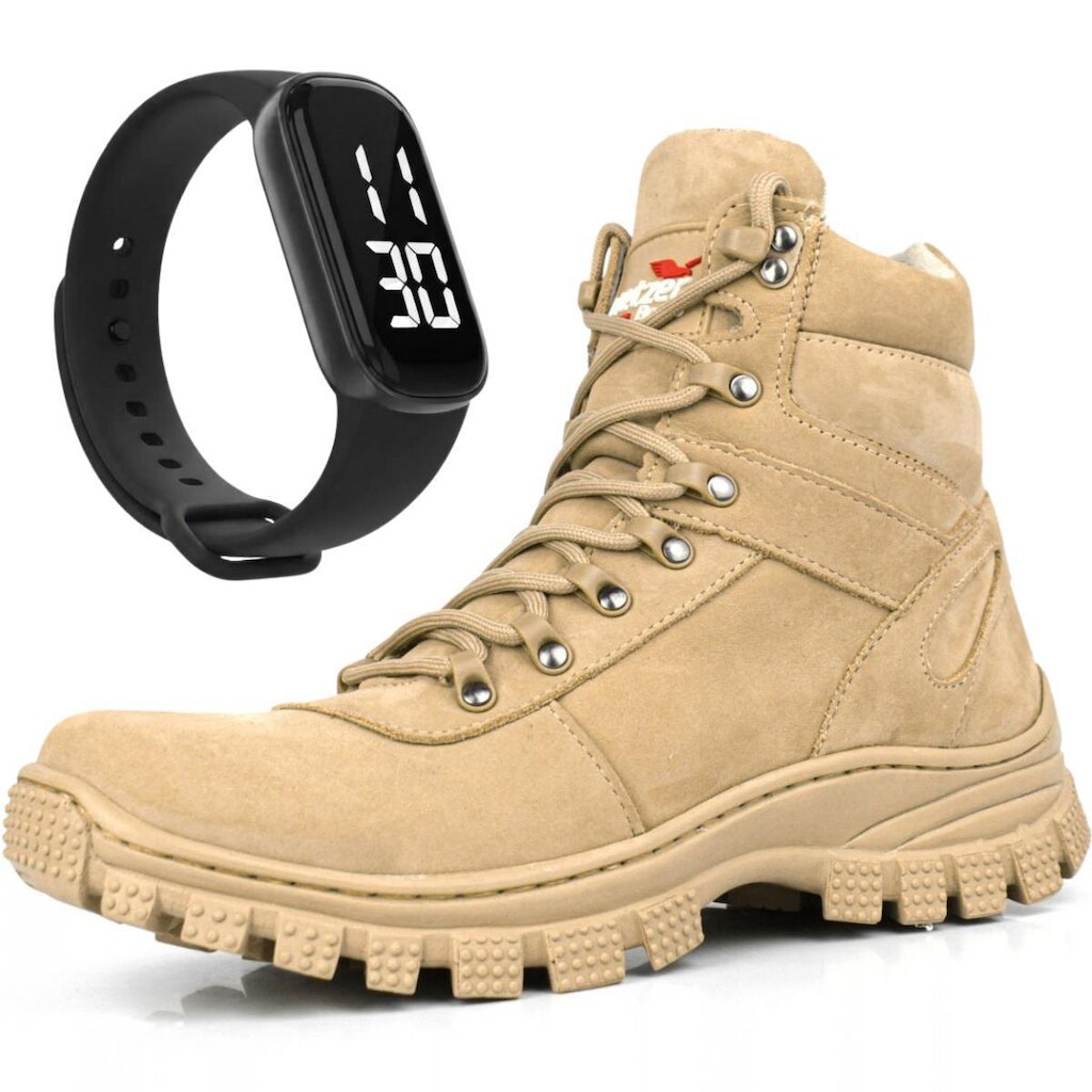 Kit Bota Masculina Cano Médio Em Camurça Coturno Conforto Com Relógio Digital Led