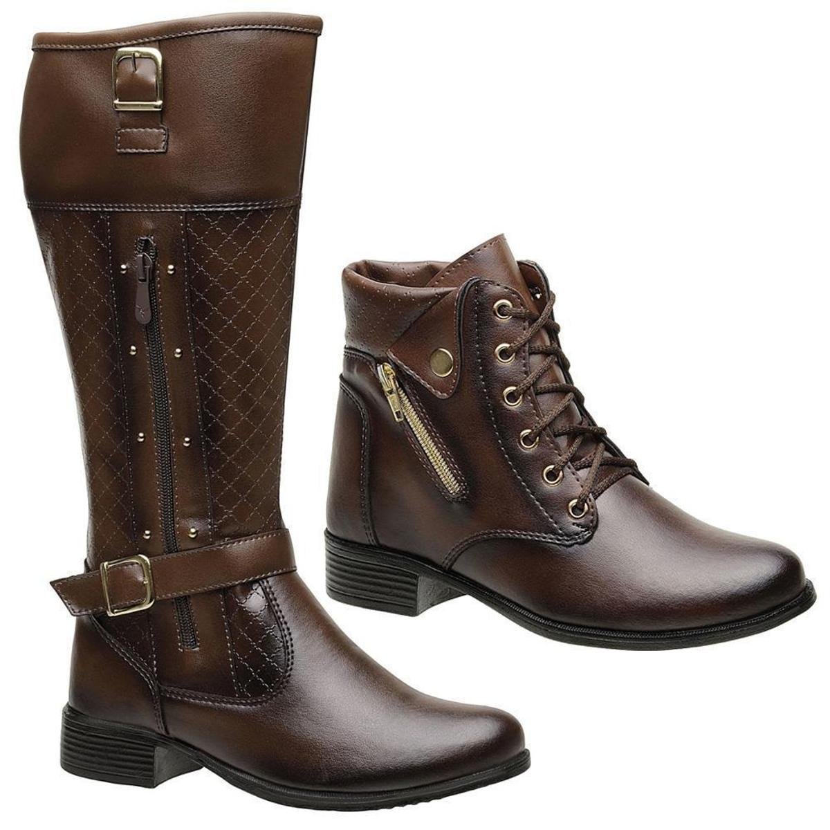 Kit Bota Montaria Feminina Zíper + Coturno Cano Médio - Marrom Menor preço em Kit Bota Montaria Feminina Zíper + Coturno Cano Médio - Marrom